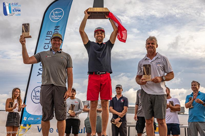 A-Cat Worlds at Toulon, France Day 6 - The Open Fleet Podium: Kuba Surowiec POL, Misha Heemskerk NED, Darren Bundock AUS - photo © Gordon Upton / www.guppypix.com