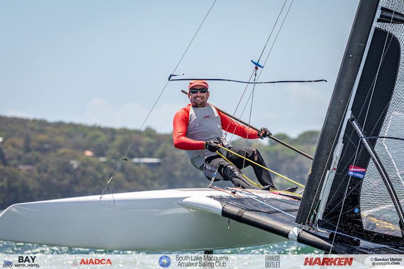 Australian A-Cat Nationals on Lake Macquarie Day 5 - Bruce Woodward delighted to get the Classic race bullet - photo © Gordon Upton / www.guppypix.com