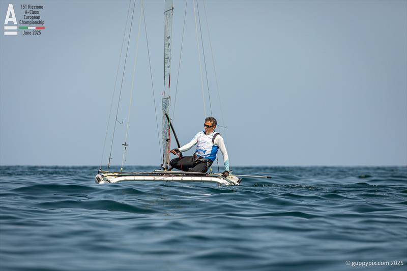 Teo De Battista ITA 4, a fast light airs sailor is at home here, but there are limits - A-Class Cat European Championships at Riccione Day 4 - photo © Gordon Upton / www.guppypix.com