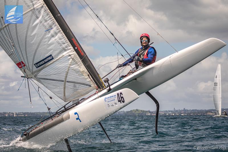 PredictWind A-Class Cat Worlds 2025 - Joey Randall, AUS 22 having fun between races - photo © Gordon Upton / www.guppypix.com