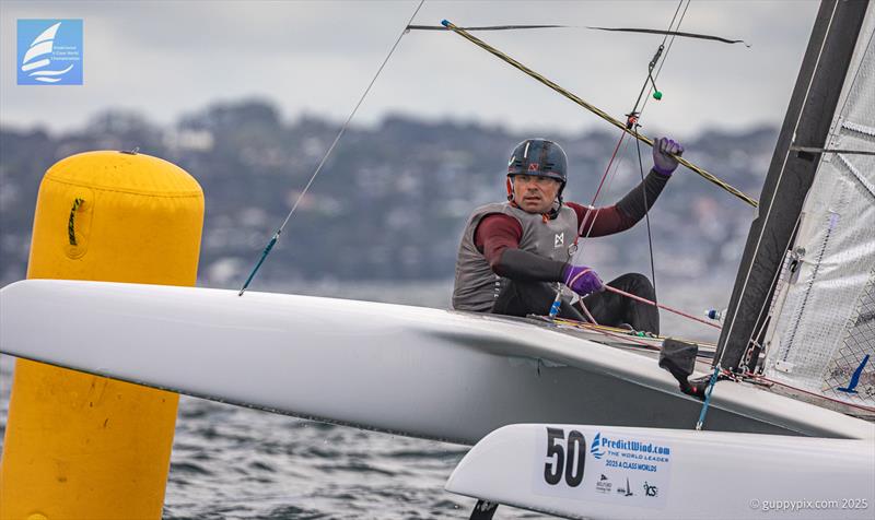 PredictWind A-Class Cat Worlds 2025 - French Champion, Emmanuel Dode FRA 2 working hard, in the challenging conditions - photo © Gordon Upton / www.guppypix.com