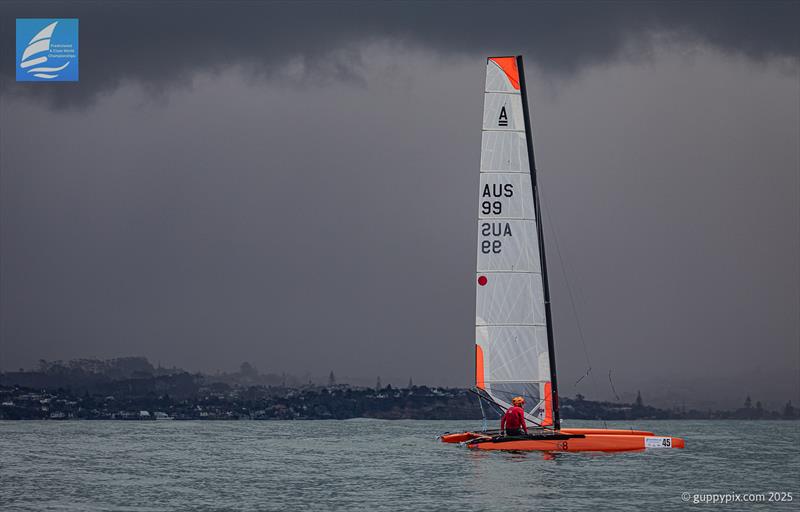 PredictWind A-Class Cat Worlds 2025 Day 3 - Mark Capel just waiting - photo © Gordon Upton / www.guppypix.com