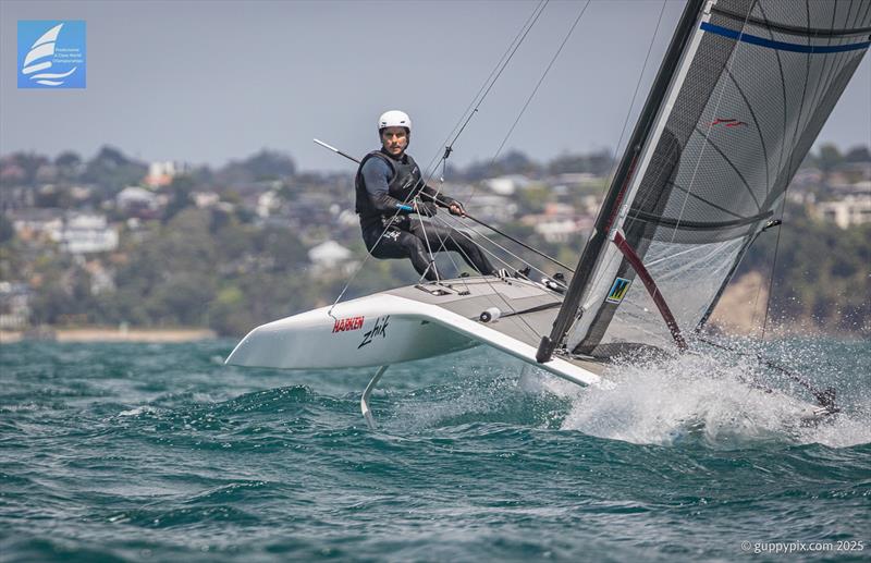 PredictWind A-Class Cat Worlds 2025 Day 4 - Ravi Parent, USA 76 was the 2022 Open Champion and reslised that staying on top of the boat was the secret to keeping his campaign alive photo copyright Gordon Upton / www.guppypix.com taken at Milford Cruising Club and featuring the A Class Catamaran class