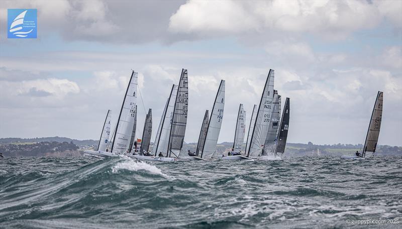 PredictWind A-Class Cat Worlds 2025 Day 4 - Open fleet race of the day second start photo copyright Gordon Upton / www.guppypix.com taken at Milford Cruising Club and featuring the A Class Catamaran class