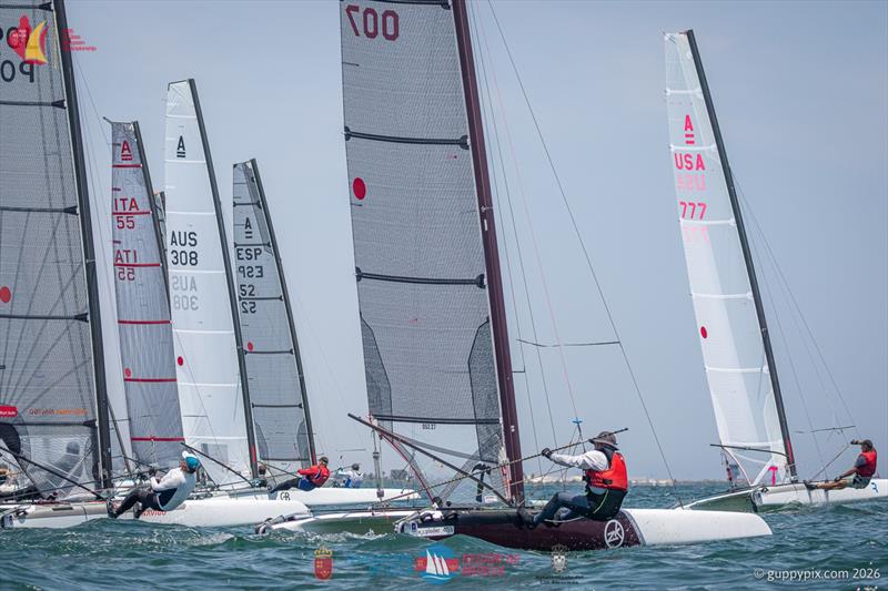 A Class Catamaran Europeans Day 1 - Mike Kranz USA, starts well in the first Classic race of the Championships photo copyright Gordon Upton / www.guppypix.com taken at  and featuring the A Class Catamaran class