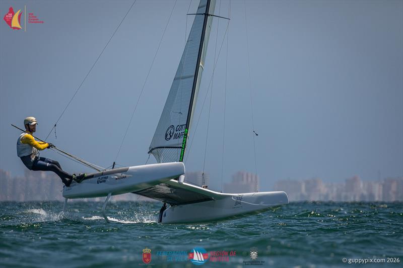 A Class Catamaran Europeans Day 3 - Italian Champion Lamberto Cesari is challenging for top place photo copyright Gordon Upton / www.guppypix.com taken at  and featuring the A Class Catamaran class