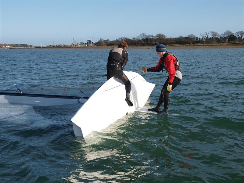 It is a fact of life that things can go wrong when sailing a performance boat. Compare this picture with that of the Mirror 14! With the Alto, the hull sits stable on its side, with the plate easily accessible for the crew photo copyright M Arnold / Alto Class taken at  and featuring the AltO class