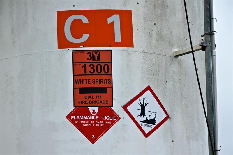 One of the hazardous substances warning notices on the Stolthaven tanks - Wynyard Point, Auckland, January 31, 2018 - photo © Richard Gladwell