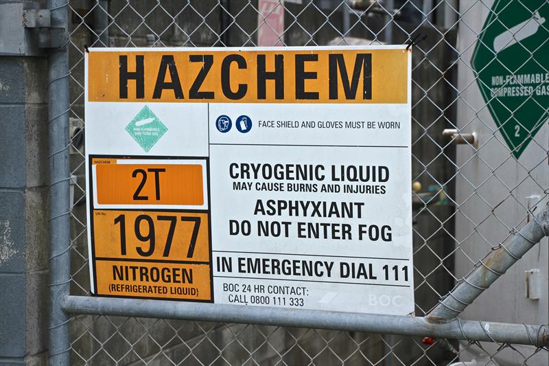As would be expected in a site used for the storage of hazardous substances, warning signs abound  - Wynyard Point, Auckland, January 31, 2018 - photo © Richard Gladwell