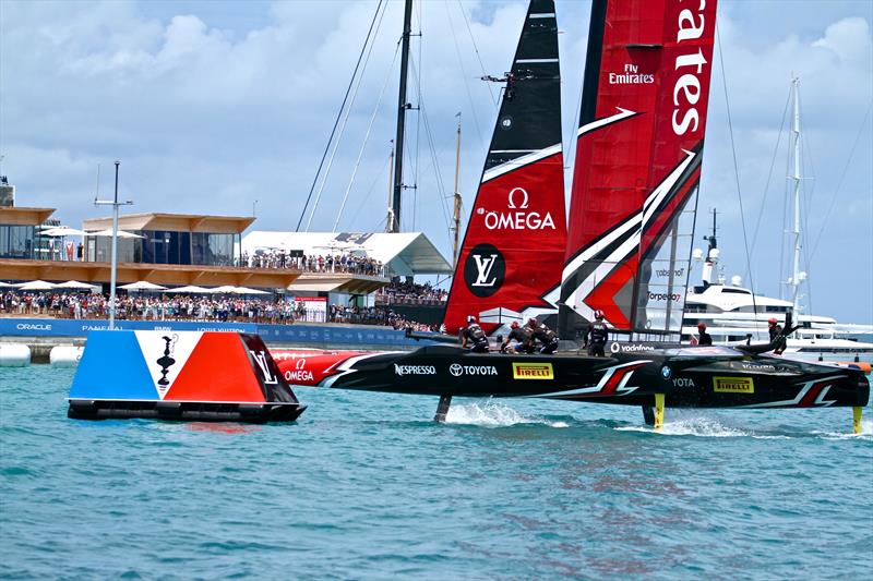 Emirates Team New Zealand crosses the finish line in Bermuda in Race 9 to win the 35th Match for the America's Cup 8-1 photo copyright Richard Gladwell taken at Royal New Zealand Yacht Squadron and featuring the ACC class