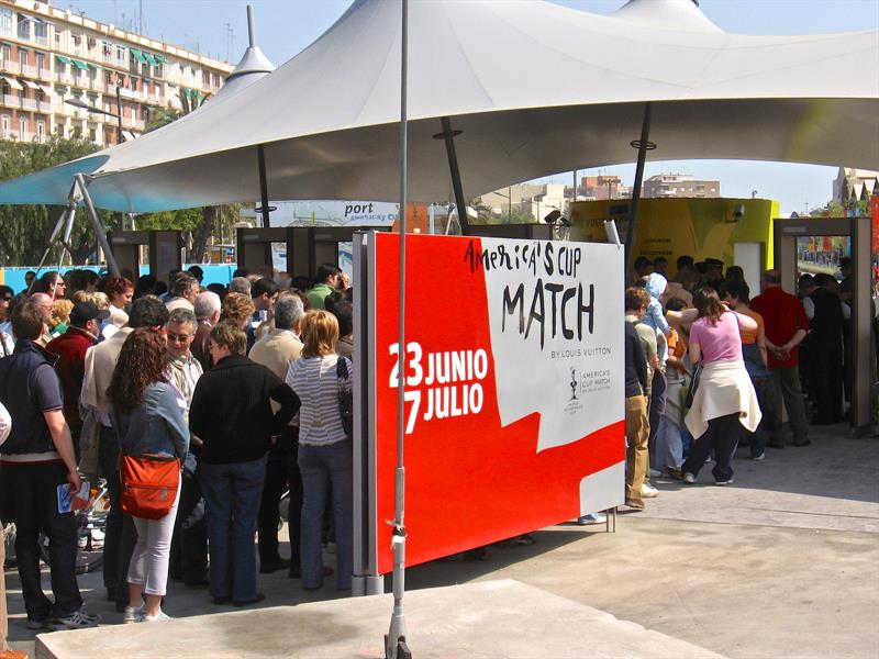 Fans queue up to go through airport style security checks in Valencia - the minimum standard for security at an America's Cup photo copyright Todd Niall taken at  and featuring the ACC class