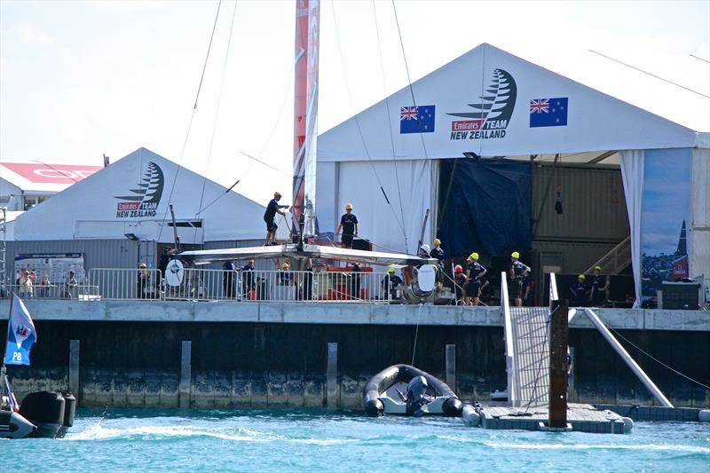 Emirates Team NZ hauled out in front of their base constructed of containers on Day 2 of the 35th America's Cup regatta, Bermuda, May 27, 2017 photo copyright Richard Gladwell taken at  and featuring the ACC class