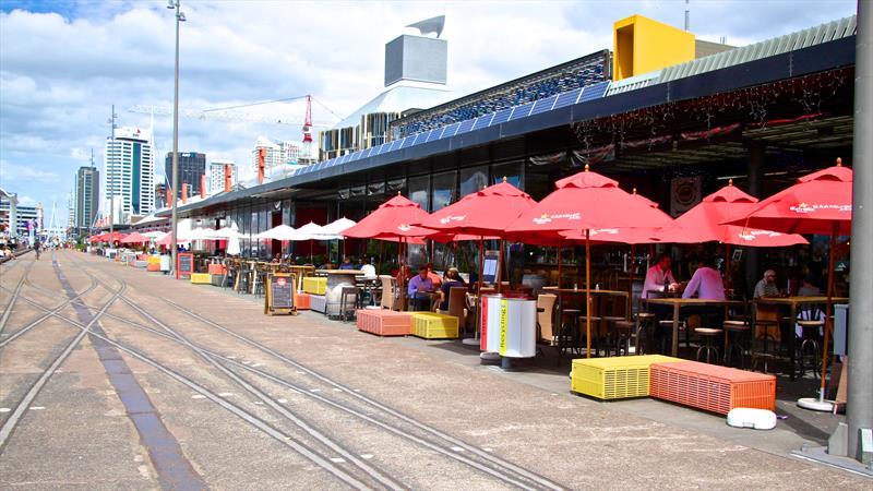 North Wharf cafes are all developed an in place - none of the plans for Wynyard Point show and further amenities team bases fuel and hazardous substances storage tanks photo copyright Richard Gladwell taken at New York Yacht Club and featuring the ACC class