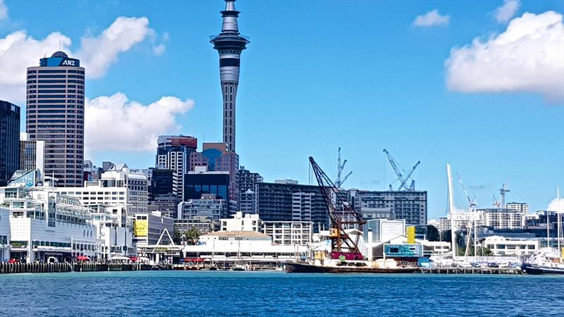 End view of the Hilton Hotel is the major view blocker in Downtown Auckland, the Maritime Museum (to the right) is small in comparision photo copyright Richard Gladwell taken at New York Yacht Club and featuring the ACC class