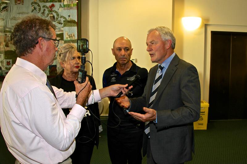 Radio New Zealand's Todd Niall interviews Phl Goff, as Kevin Shoebridge and Tina Symmans look on photo copyright Richard Gladwell taken at New York Yacht Club and featuring the ACC class