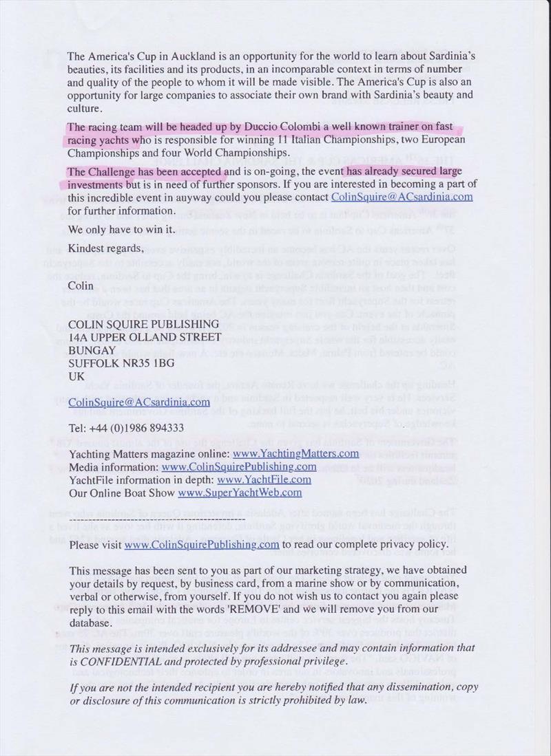 Page 2 of the original media statement issued by the Sardinian Challenge with key points highlighted - photo © Sail-World