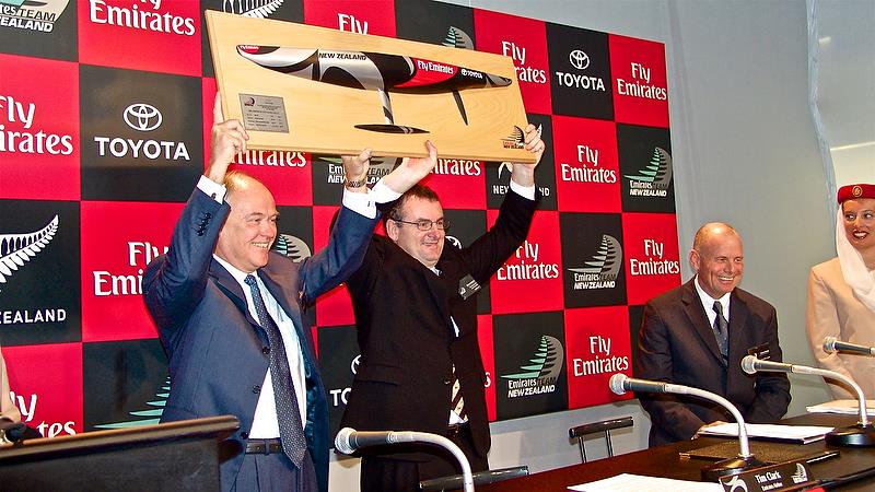 Emirates Airlines Sir Tim King, America's Cup Minister Trevor Mallard and Grant Dalton at the signing of the Emirates Airlines sponsorship in 2005 - photo © Richard Gladwell