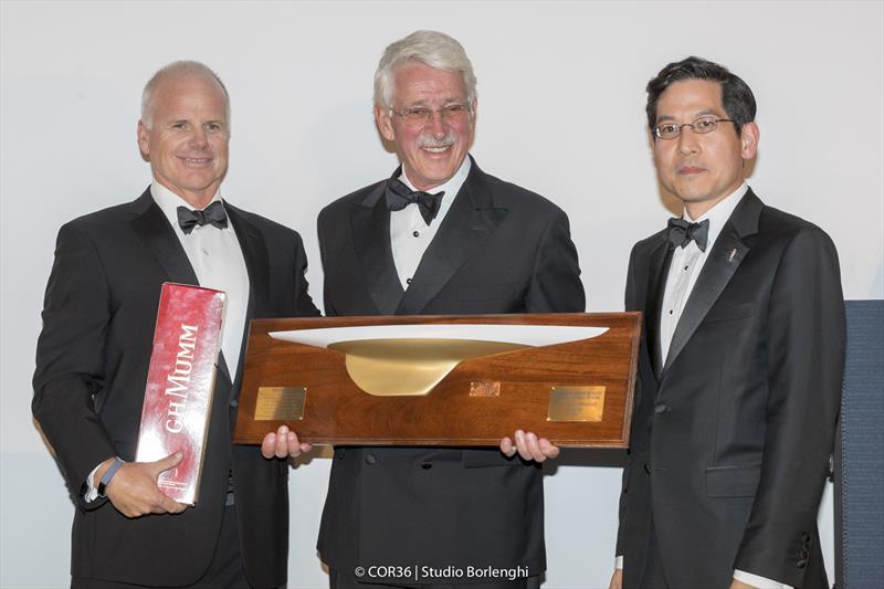 Hall of Fame Induction John Marshall. Terry Hutchinson, John Marshall and Steve Tsuchiya - America's Cup Hall of Fame Induction, Royal Yacht Squadron, Cowes IOW, August 31, 2018 photo copyright Carlo Borlenghi taken at Royal Yacht Squadron and featuring the ACC class