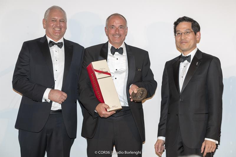 Hamish Ross (ACHoF), David Sutton (first recipent of the Sutton Medal), R. Steven Tsuchiya (ACHoF) - America's Cup Hall of Fame Induction, Royal Yacht Squadron, Cowes IOW, August 31, 2018 photo copyright Carlo Borlenghi taken at Royal Yacht Squadron and featuring the ACC class