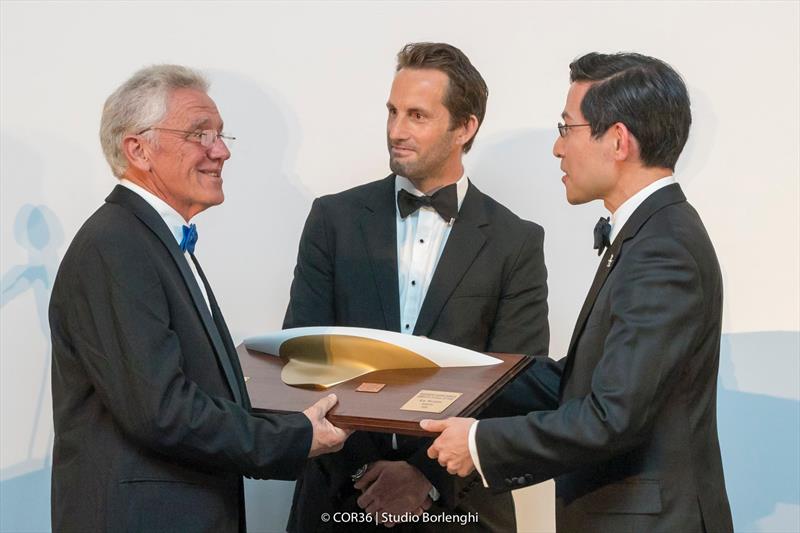 Hall of Fame Induction Ken McAlpine. Sir Ben Ainslie, Ken McAlpine and Steve Tsuchiya - America's Cup Hall of Fame Induction, Royal Yacht Squadron, Cowes IOW, August 31, 2018 photo copyright Carlo Borlenghi taken at Royal Yacht Squadron and featuring the ACC class