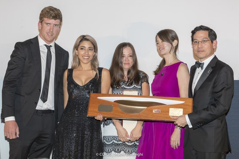 Hall of Fame Induction Doug Peterson. Peter Burling, Laura Jane Peterson, Julia Peterson and Jamie Peterson with ACHoF Chairman, Steve Tsuchiya - America's Cup Hall of Fame Induction, Royal Yacht Squadron, Cowes IOW, August 31, 2018 photo copyright Carlo Borlenghi taken at Royal Yacht Squadron and featuring the ACC class