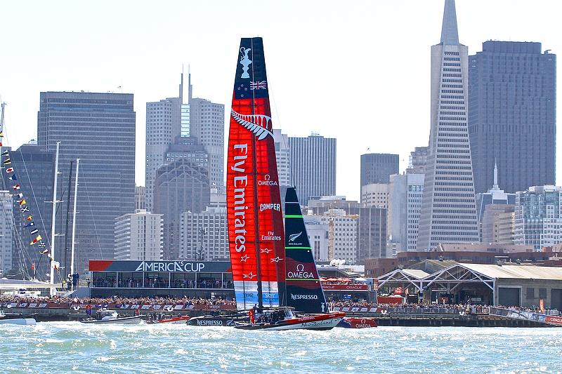 Emirates Team New Zealand sails past the America's Cup Village in San Francisco photo copyright Richard Gladwell taken at New York Yacht Club and featuring the ACC class