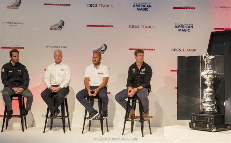 The America's Cup with the new Prada case. Sir Ben Ainslie, skipper INEOS Team UK Terry Hutchinson, skipper American Magic Max Sirena, skipper Luna Rossa Peter Burling, Helmsman Emirates Team New Zealand photo copyright Carlo Borlenghi taken at New York Yacht Club and featuring the ACC class
