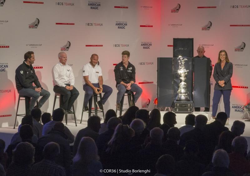 The America's Cup with the new Prada case. Sir Ben Ainslie, skipper INEOS Team UK Terry Hutchinson, skipper American Magic Max Sirena, skipper Luna Rossa Peter Burling, Helmsman Emirates Team New Zealand photo copyright Carlo Borlenghi taken at New York Yacht Club and featuring the ACC class