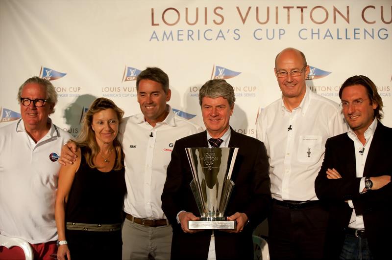 The Louis Vuitton Cup Trophy is displayed during a news conference