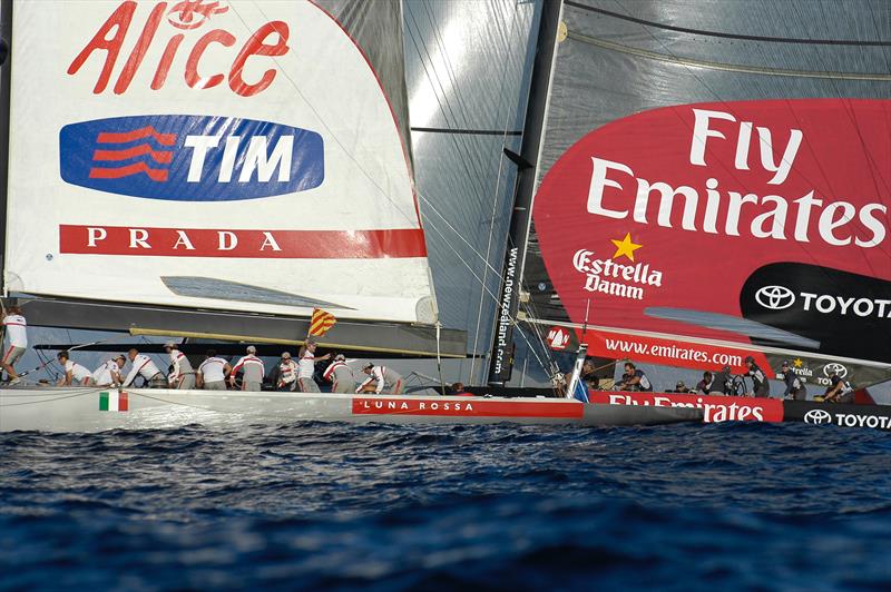 Emirates Team New Zealand, NZL82 passes under Luna Rossa Challenge, ITA74 at the 1st mark rounding. Their last match of the Louis Vuitton Act 8. Trapani, Sicily, Italy. 4 / 10 / 2005 - photo © Chris Cameron
