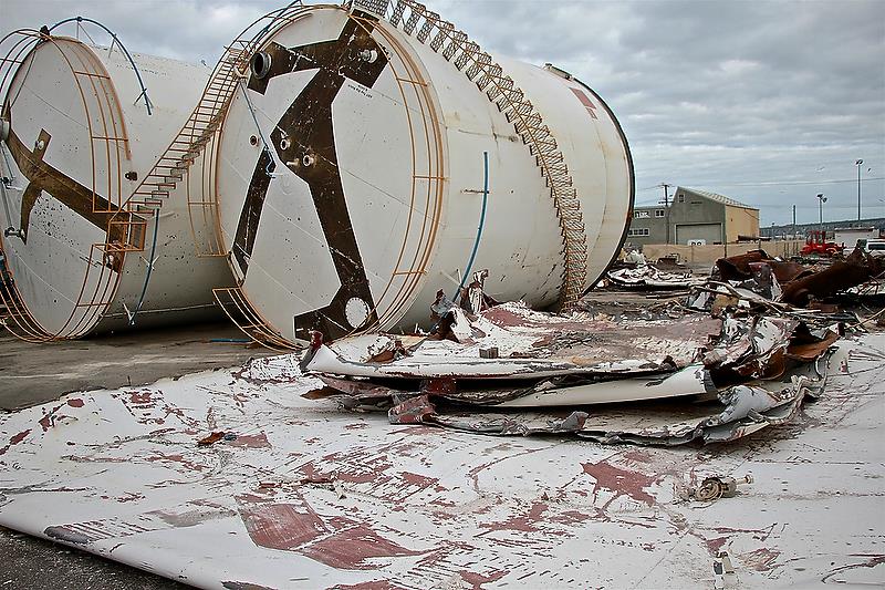 Tanks waiting to be crushed - Repairs and Rectification - Wynyard Wharf - Auckland - October 25, 2018 - photo © Richard Gladwell