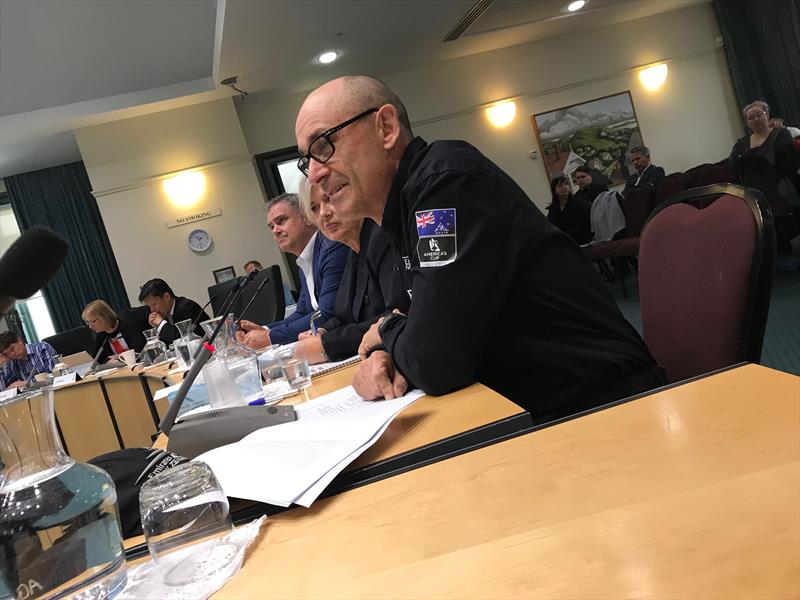 Kevin Shoebridge addresses the Governing Body of the Auckland Council with Tina Symmans on his right - photo © Todd Niall, Stuff.co.nz