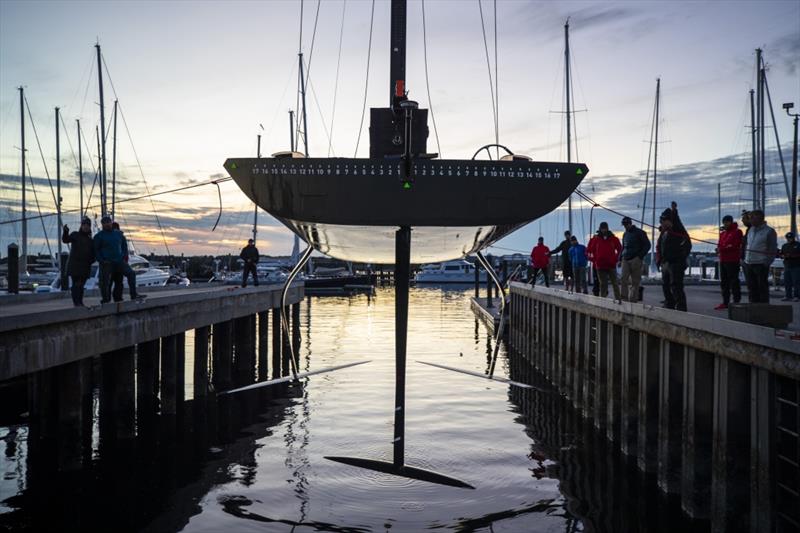  `The Mule` American Magic's surrogate boat shows the foil arms lowered, and the T-foil rudder - photo © Amory Ross