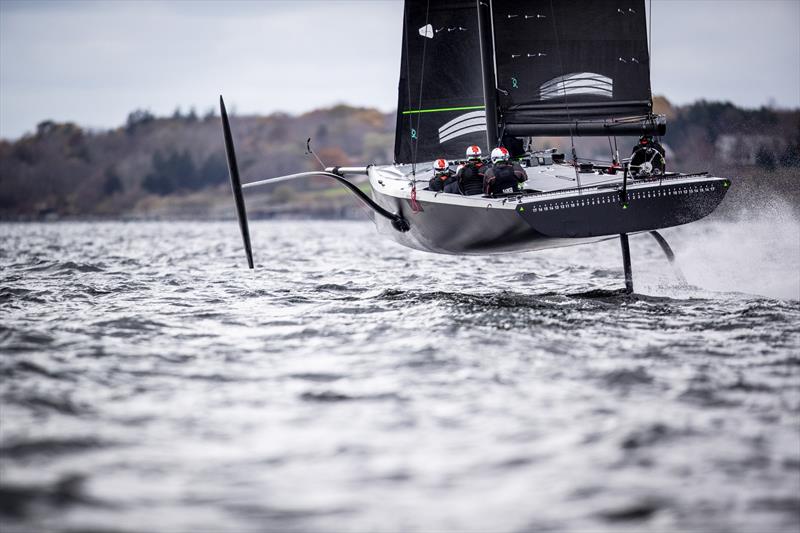  'The Mule' American Magic's surrogate boat in flight and canted to windward - photo © Amory Ross