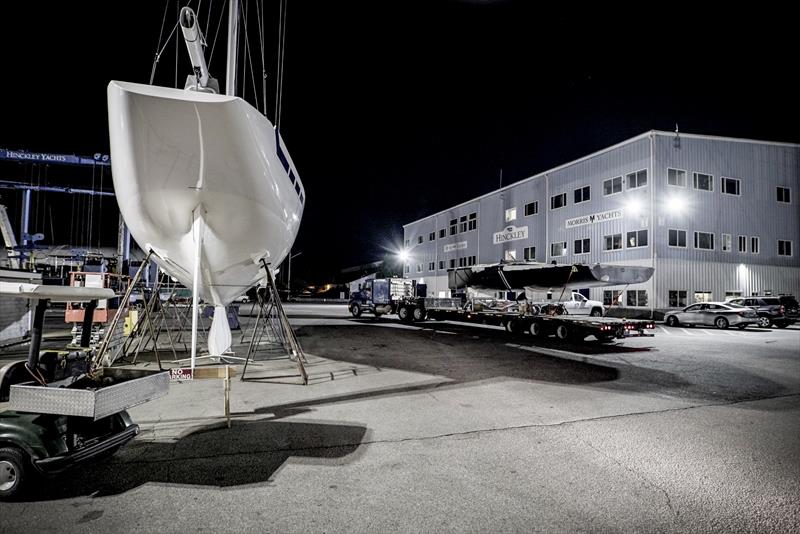 The AM38 is loaded on the truck for transport to the Hinckley yard in Portsmouth alongside a 12 Metre from the 1956-1987 era photo copyright Amory Ross taken at New York Yacht Club and featuring the ACC class
