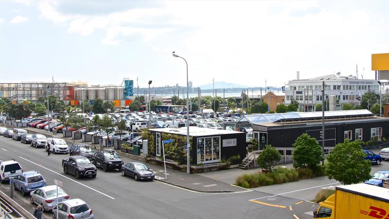 Wynyard Point - The carpark will be taken over by the International Broadcast Centre for the America's Cup Regatta - the America's Cup bases lie beyond beyond the oil tanks in the background - America's Cup bases - January 30, 2019 - photo © Richard Gladwell