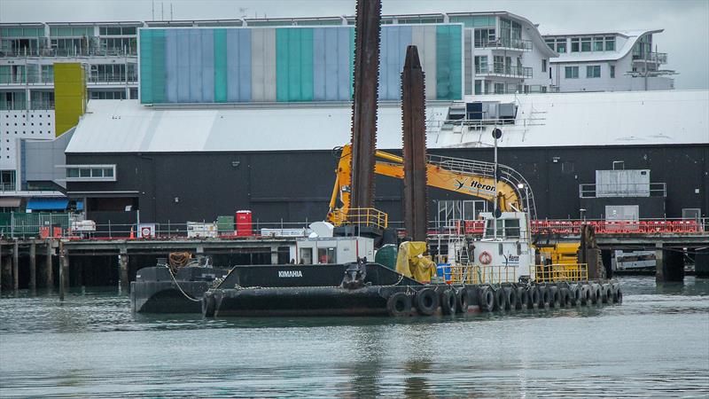 Dredge in operation near Hobson Wharf - America's Cup base development - Wynyard Edge Alliance - Update March 28, 2019  photo copyright Richard Gladwell taken at Royal New Zealand Yacht Squadron and featuring the ACC class