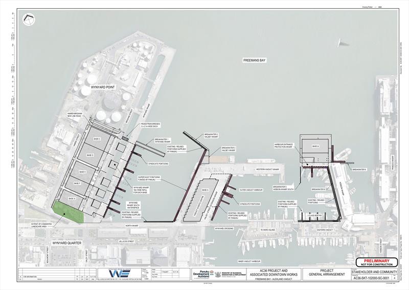 Current project plan for the Hobson Wharf extensions, wave breaks and marina areas and base constuction on Wynyard Point photo copyright Wynyard Edge Alliance taken at Royal New Zealand Yacht Squadron and featuring the ACC class