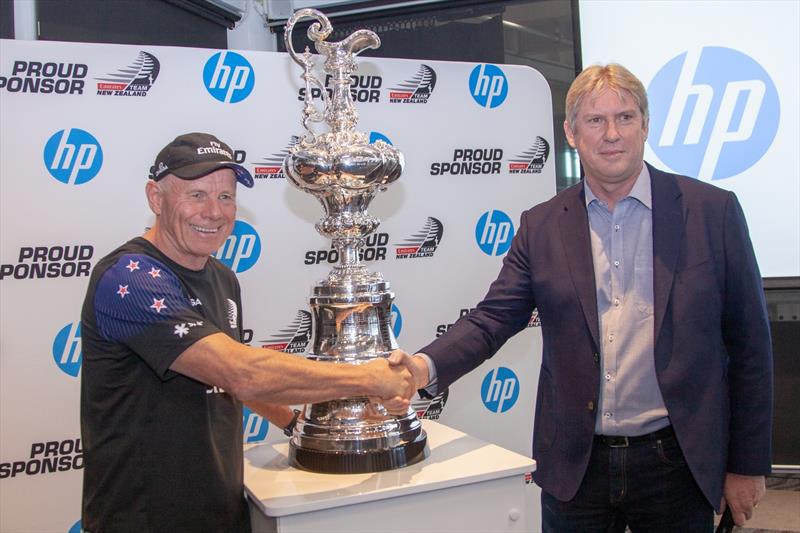 Emirates Team NZ CEO, Grant Dalton Emirates Team New Zealand with Grant Hopkins, Managing Director of HP New Zealand - HP sponsorship announcement, April 2019 photo copyright Hamish Hooper / ETNZ taken at Royal New Zealand Yacht Squadron and featuring the ACC class