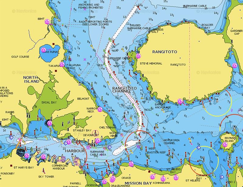 Auckland Harbour Chart - with the Course `C` area running NE/SW between Bastion Point and North Head. AC75's will have to race in the large white area  in the centre of the chart because of Bean Rock and several associated reefs  in the blue area. - photo © Navico