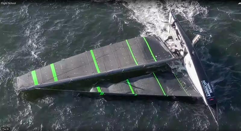 AM38 `the Mule` capsizes in light-med winds in Pensacola Fl. Note the windward (port) foil arm is in the raised position - both are lowered to assist recovery from a capsize photo copyright American Magic taken at New York Yacht Club and featuring the ACC class