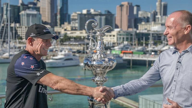 Emirates Team New Zealand CEO Grant Dalton and Z Energy CEO Mike Bennetts with the America's Cup Trophy photo copyright Emirates Team New Zealand taken at Royal New Zealand Yacht Squadron and featuring the ACC class
