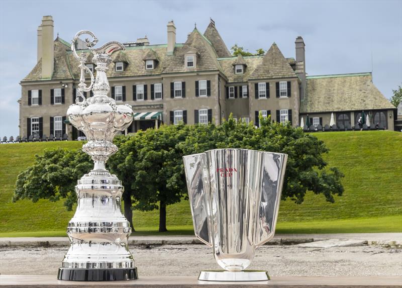The America's Cup and the Prada Cup  in front of the New York Yacht Club's Newport Club House photo copyright Carlo Borlenghi taken at New York Yacht Club and featuring the ACC class