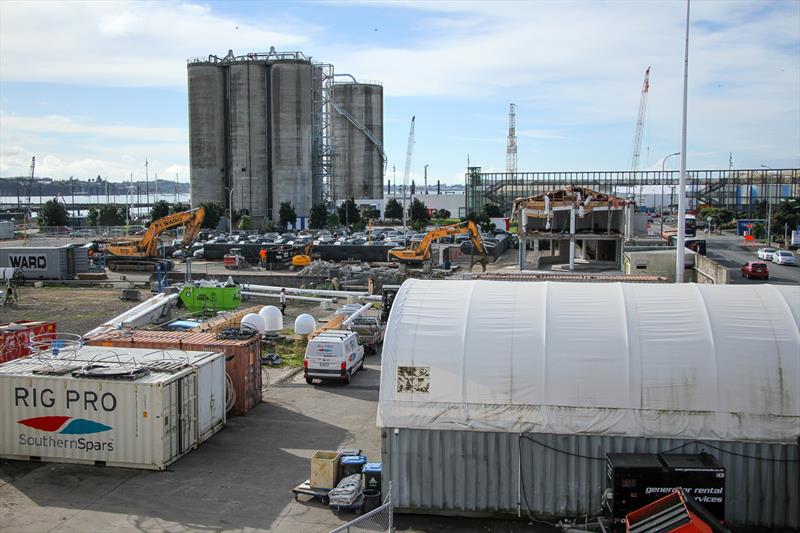 Emirates Team New Zealand's old base building is part demolished as part of the Site 18 superyacht development - America's Cup Base development - Auckland - Wynyard Edge Alliance - July 25, 2019 photo copyright Richard Gladwell, Sail World NZ taken at Royal New Zealand Yacht Squadron and featuring the ACC class