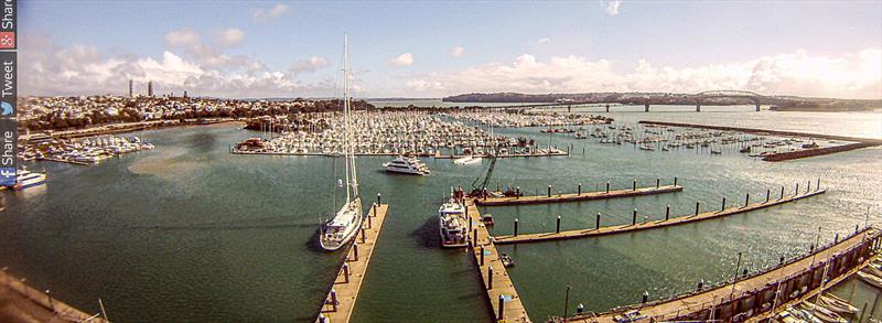 The upturned catamaran can be seen in this webcam image 12hrs after the weather bomb moved through Westhaven marina, with its likely track through the centre of the marina - August  13, 2019 - photo © Silo Webcam