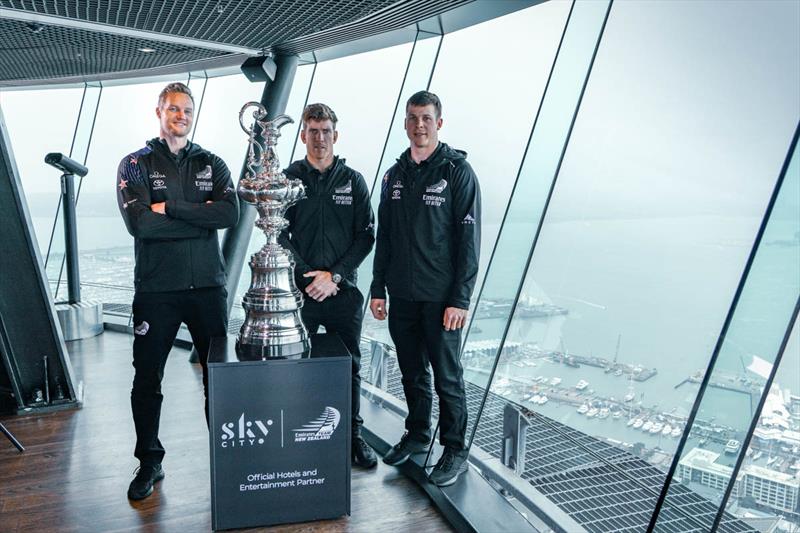 Three members of the Emirates Team New Zealand sailing crew jumped from SkyTower to celebrate the Sky City partnership photo copyright Emirates Team New Zealand taken at Royal New Zealand Yacht Squadron and featuring the ACC class