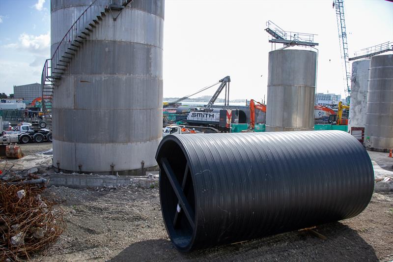 New storm water pipe being laid the length of Wynyard Wharf - America's Cup Construction - January 7, 2019 photo copyright Richard Gladwell / Sail-World.com taken at Royal New Zealand Yacht Squadron and featuring the ACC class