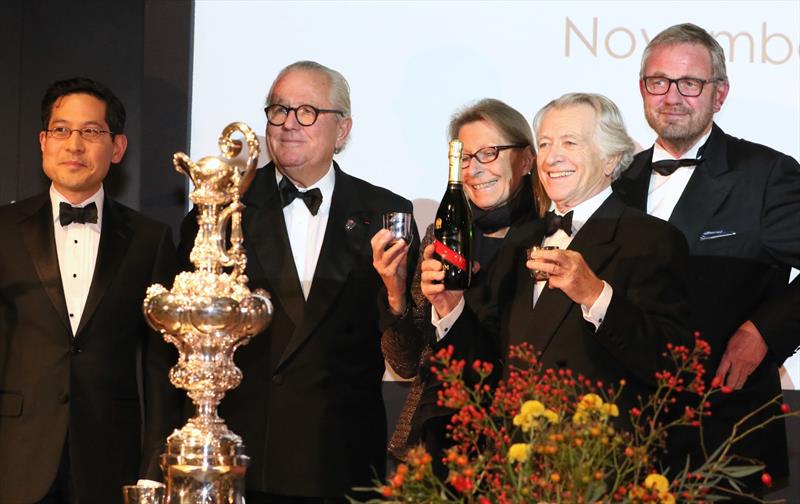 L to R:  Steven Tsuchiya, chairman of the ACHOF Selection Committee; Bruno Trouble; Caroline Bentz, one of the twin daughters of Henry Racamier, and her husband Jean Francois Bentz; and Oliver Berking, owner and founder of the Yachting Heritage Centre photo copyright Katrin Storsberg taken at Flensburger Segel-Club and featuring the ACC class