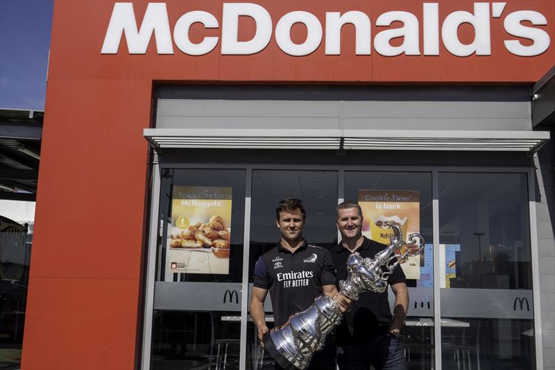 Local hero and team grinder Simon van Velthooven, along with the America's Cup trophy - McDonald's joins Emirates Team New Zealand as Official Family Partner  - February 2020 - photo © Emirates Team New Zealand