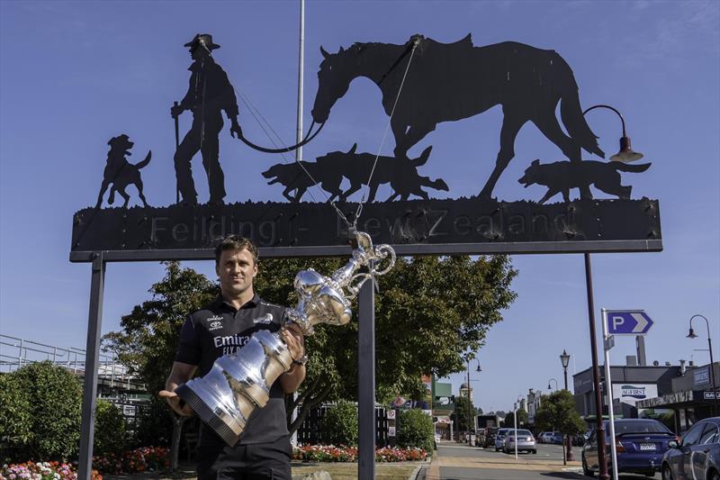 Local hero and team grinder Simon van Velthooven, along with the America's Cup trophy - McDonald's joins Emirates Team New Zealand as Official Family Partner  - February 2020 photo copyright Emirates Team New Zealand taken at Royal New Zealand Yacht Squadron and featuring the ACC class